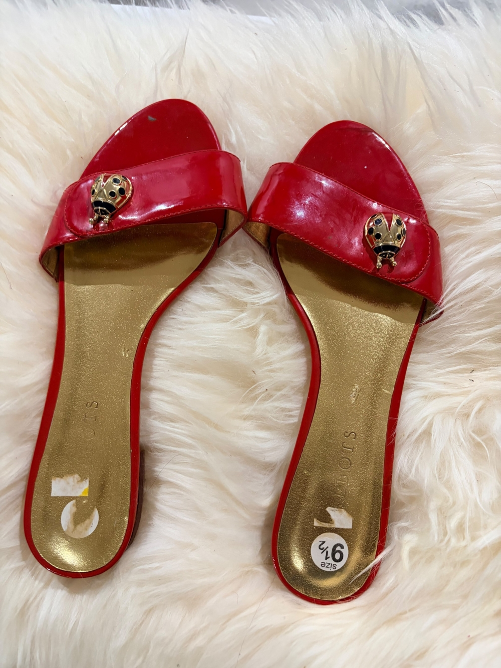 Red Slide Sandals with Gold Insole and Ladybug Accent - Women's